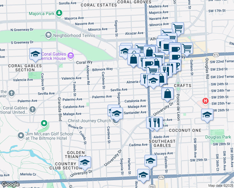 map of restaurants, bars, coffee shops, grocery stores, and more near in Coral Gables