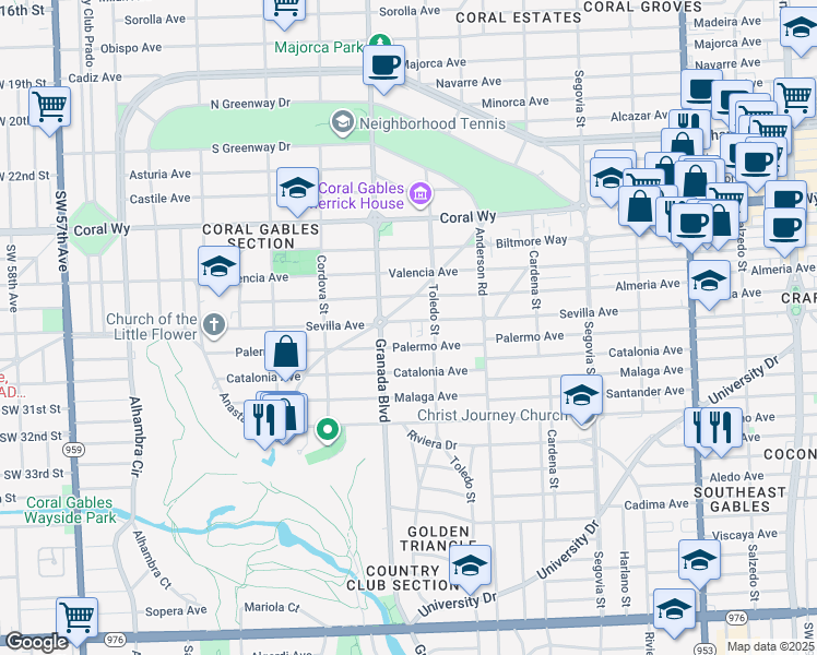 map of restaurants, bars, coffee shops, grocery stores, and more near 935 Palermo Avenue in Coral Gables