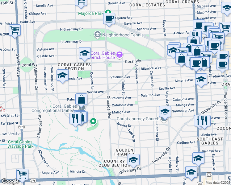 map of restaurants, bars, coffee shops, grocery stores, and more near 935 Palermo Avenue in Coral Gables