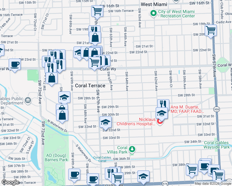 map of restaurants, bars, coffee shops, grocery stores, and more near 2765 Southwest 65th Avenue in Miami