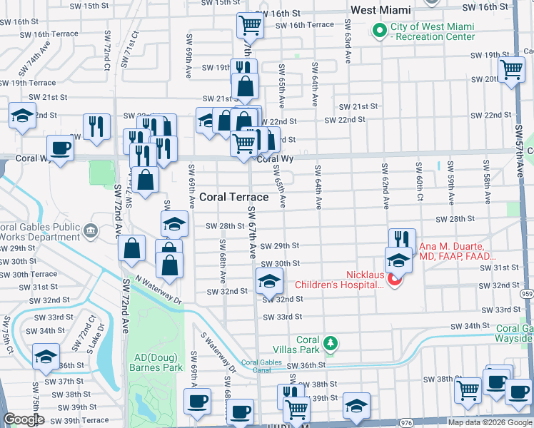 map of restaurants, bars, coffee shops, grocery stores, and more near 6547 Southwest 28th Street in Miami