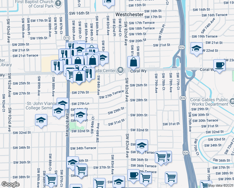map of restaurants, bars, coffee shops, grocery stores, and more near 8281 Southwest 27th Lane in Miami
