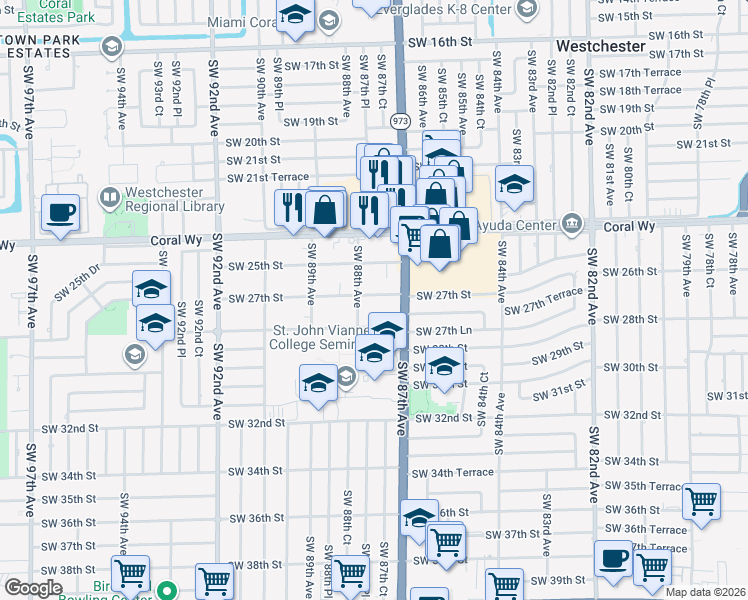 map of restaurants, bars, coffee shops, grocery stores, and more near 8775 Southwest 28th Street in Miami