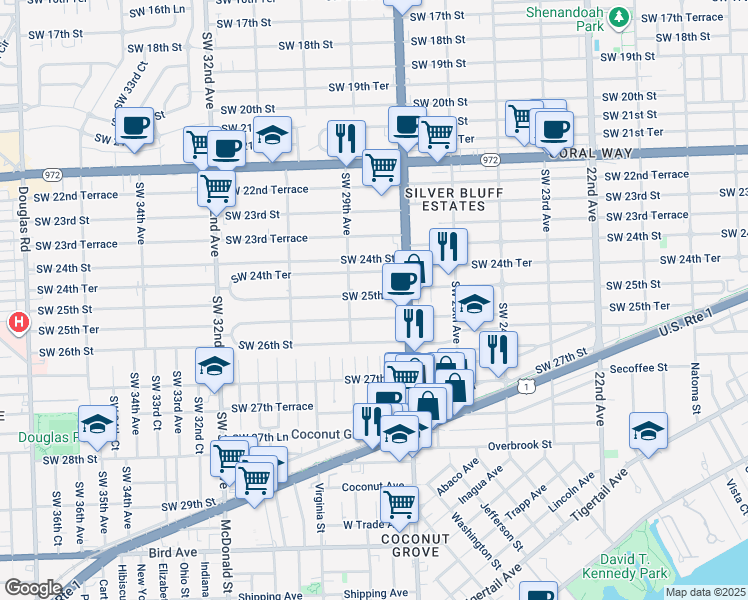 map of restaurants, bars, coffee shops, grocery stores, and more near 2801 Southwest 25th Terrace in Miami