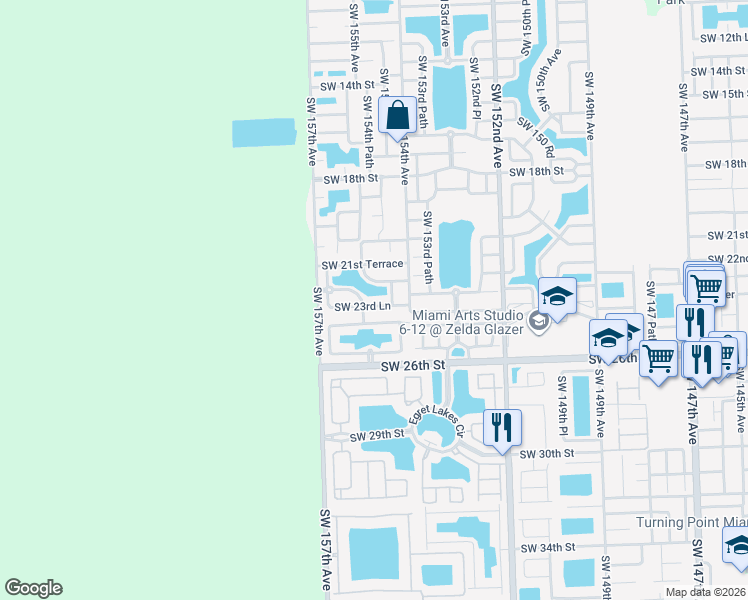 map of restaurants, bars, coffee shops, grocery stores, and more near 15508 Southwest 24th Terrace in Miami