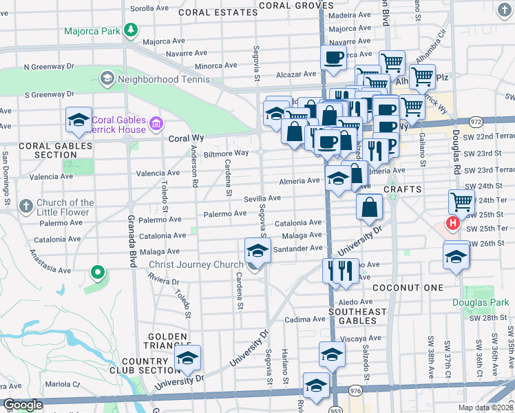 map of restaurants, bars, coffee shops, grocery stores, and more near 2828 Segovia Street in Coral Gables