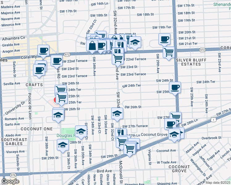map of restaurants, bars, coffee shops, grocery stores, and more near 3240 Southwest 25th Street in Miami