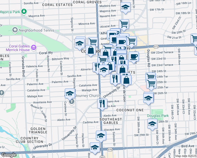 map of restaurants, bars, coffee shops, grocery stores, and more near 346 Catalonia Avenue in Coral Gables