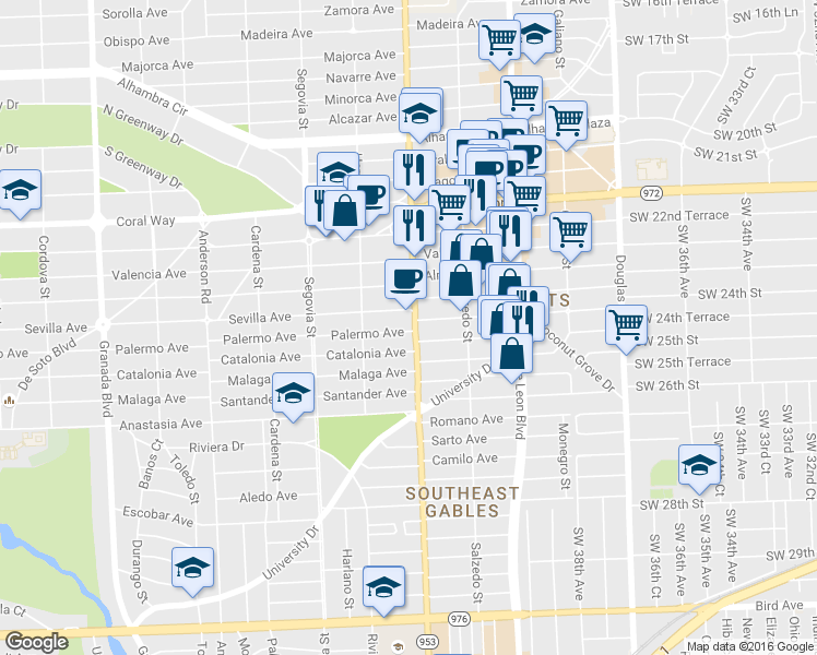 map of restaurants, bars, coffee shops, grocery stores, and more near 423 Catalonia Avenue in Coral Gables