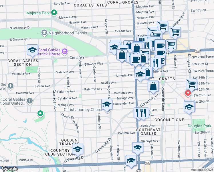 map of restaurants, bars, coffee shops, grocery stores, and more near in Coral Gables