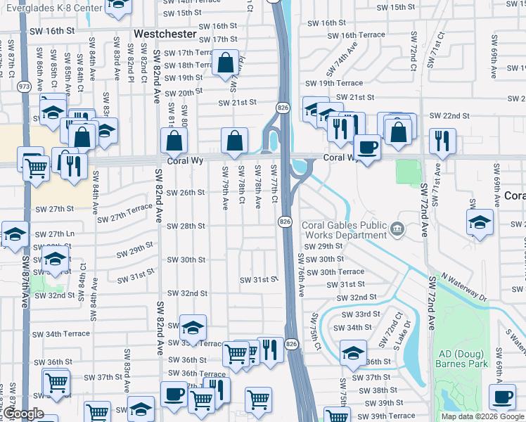map of restaurants, bars, coffee shops, grocery stores, and more near 7825 Southwest 28th Street in Miami
