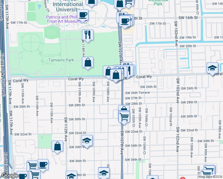 map of restaurants, bars, coffee shops, grocery stores, and more near 2610 Southwest 108th Avenue in Miami