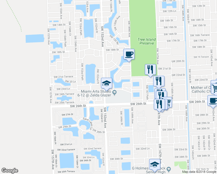 map of restaurants, bars, coffee shops, grocery stores, and more near 15015 Southwest 24th Street in Miami