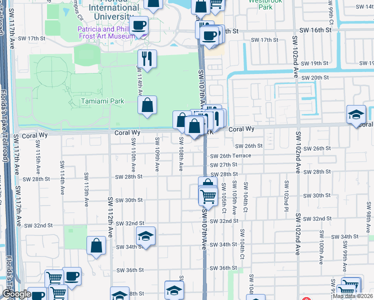 map of restaurants, bars, coffee shops, grocery stores, and more near 2610 Southwest 108th Avenue in Miami