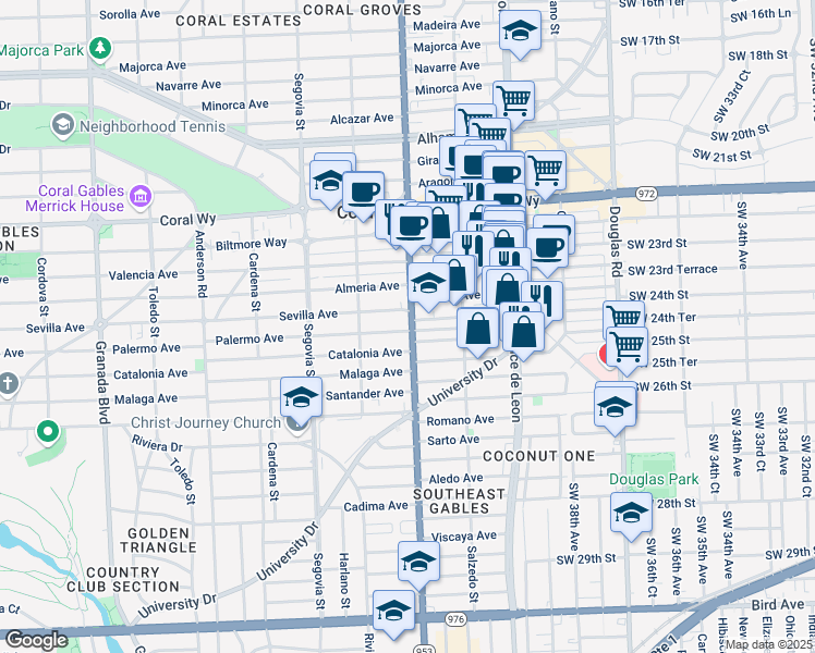 map of restaurants, bars, coffee shops, grocery stores, and more near 346 Catalonia Avenue in Coral Gables