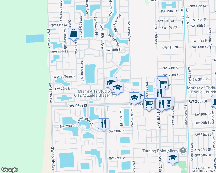 map of restaurants, bars, coffee shops, grocery stores, and more near 15131 Southwest 23rd Lane in Miami