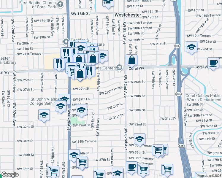map of restaurants, bars, coffee shops, grocery stores, and more near 8281 Southwest 27th Lane in Miami