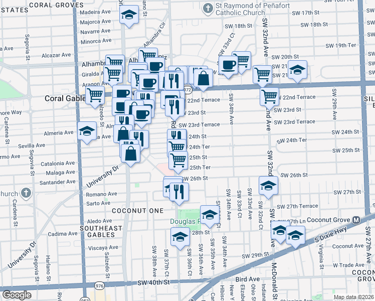 map of restaurants, bars, coffee shops, grocery stores, and more near 3654 Southwest 25th Street in Miami