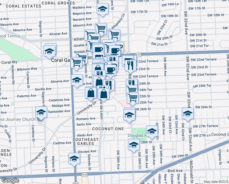 map of restaurants, bars, coffee shops, grocery stores, and more near 2950 Galiano Street in Coral Gables