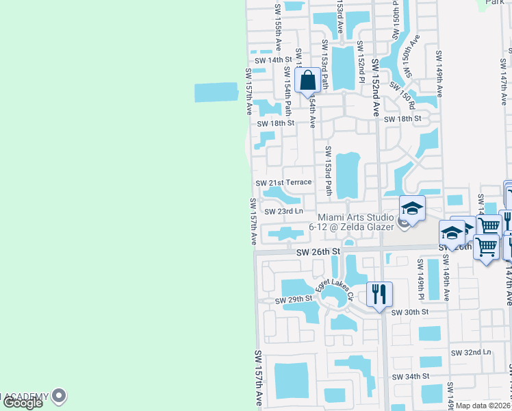 map of restaurants, bars, coffee shops, grocery stores, and more near 15636 Southwest 23rd Lane in Miami