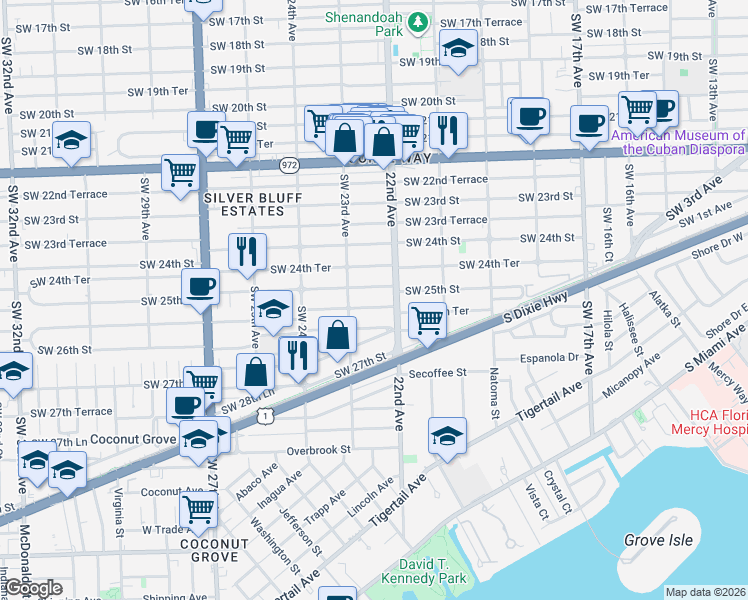 map of restaurants, bars, coffee shops, grocery stores, and more near 2231 Southwest 26th Street in Miami