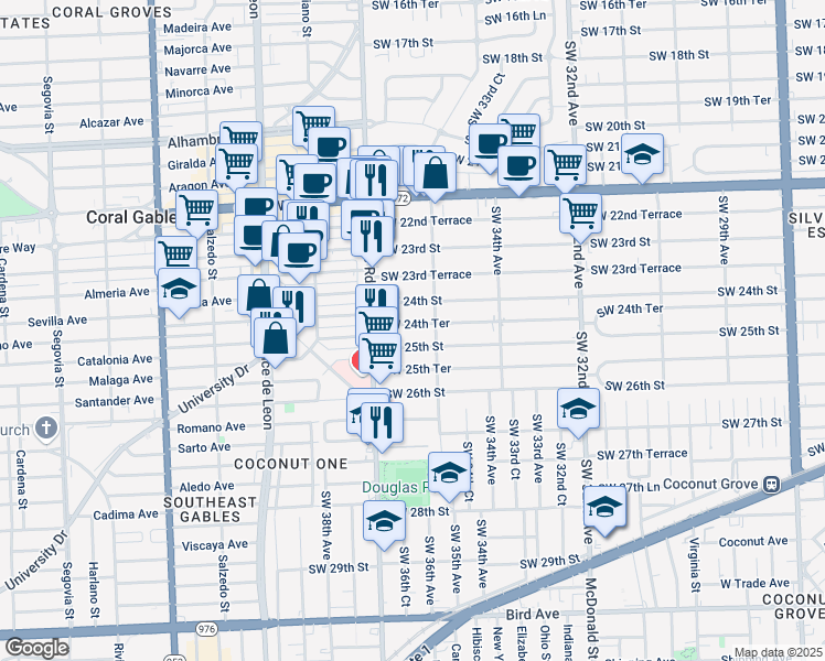map of restaurants, bars, coffee shops, grocery stores, and more near 3654 Southwest 25th Street in Miami