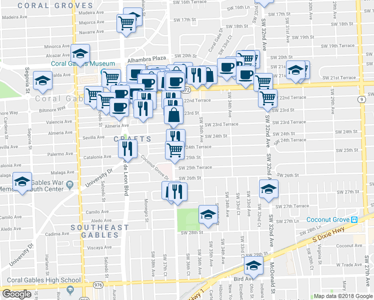 map of restaurants, bars, coffee shops, grocery stores, and more near 3654 Southwest 25th Street in Miami