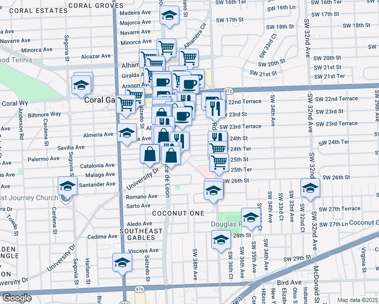 map of restaurants, bars, coffee shops, grocery stores, and more near 33 Santander Avenue in Coral Gables