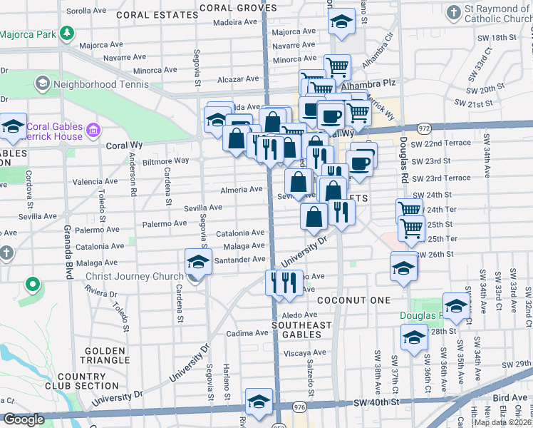 map of restaurants, bars, coffee shops, grocery stores, and more near 423 Catalonia Avenue in Coral Gables