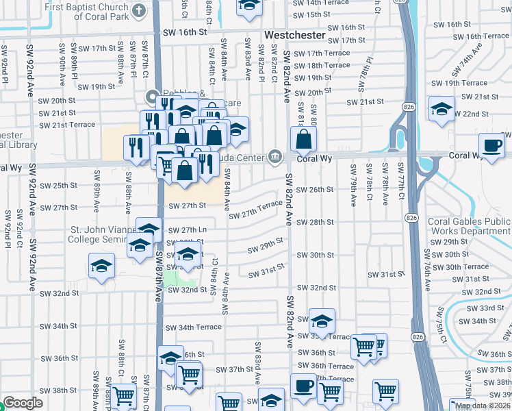 map of restaurants, bars, coffee shops, grocery stores, and more near 8281 Southwest 27th Lane in Miami