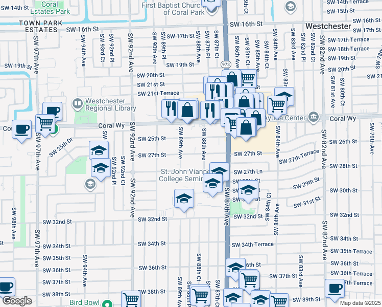 map of restaurants, bars, coffee shops, grocery stores, and more near 8851 Southwest 28th Street in Miami