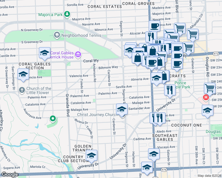 map of restaurants, bars, coffee shops, grocery stores, and more near 648 Palermo Avenue in Coral Gables