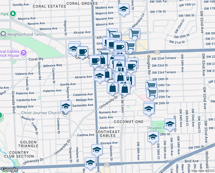 map of restaurants, bars, coffee shops, grocery stores, and more near 3000 Salzedo Street in Coral Gables