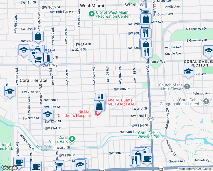 map of restaurants, bars, coffee shops, grocery stores, and more near 2800 Southwest 60th Court in Miami