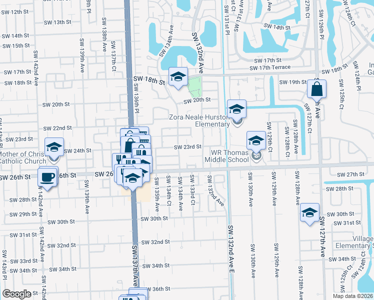 map of restaurants, bars, coffee shops, grocery stores, and more near 2254 Southwest 133rd Court in Miami