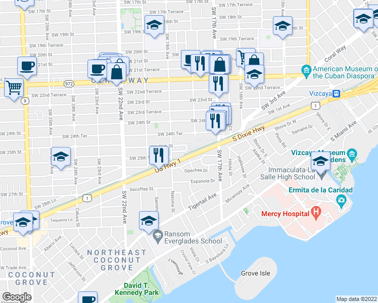 map of restaurants, bars, coffee shops, grocery stores, and more near 1837 Southwest 25th Street in Miami