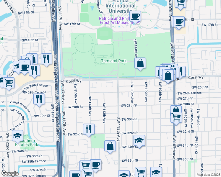 map of restaurants, bars, coffee shops, grocery stores, and more near 11262 Southwest 24th Terrace in Miami