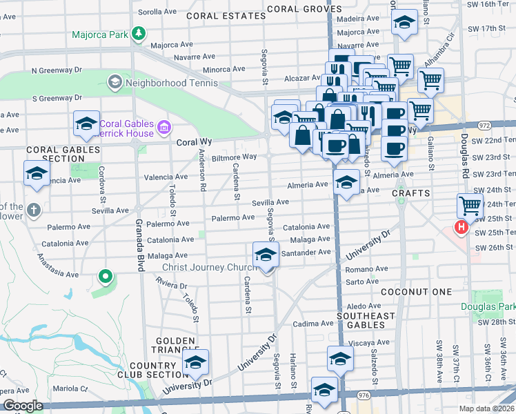 map of restaurants, bars, coffee shops, grocery stores, and more near 630 Almeria Avenue in Coral Gables