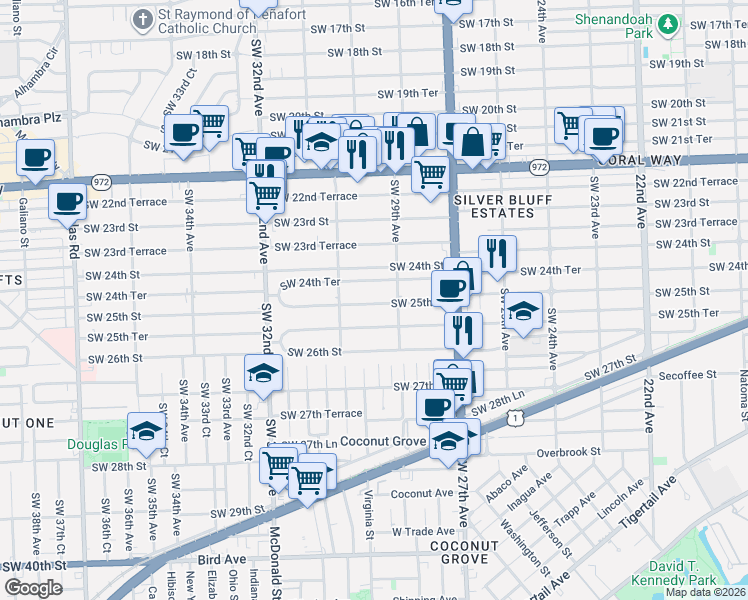 map of restaurants, bars, coffee shops, grocery stores, and more near 2920 Southwest 24th Terrace in Miami