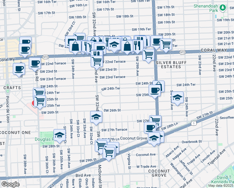 map of restaurants, bars, coffee shops, grocery stores, and more near 3131 Southwest 24th Terrace in Miami