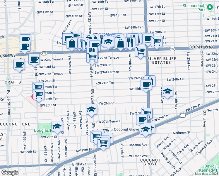 map of restaurants, bars, coffee shops, grocery stores, and more near 3131 Southwest 24th Terrace in Miami
