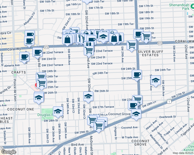 map of restaurants, bars, coffee shops, grocery stores, and more near 3183 Southwest 24th Terrace in Miami