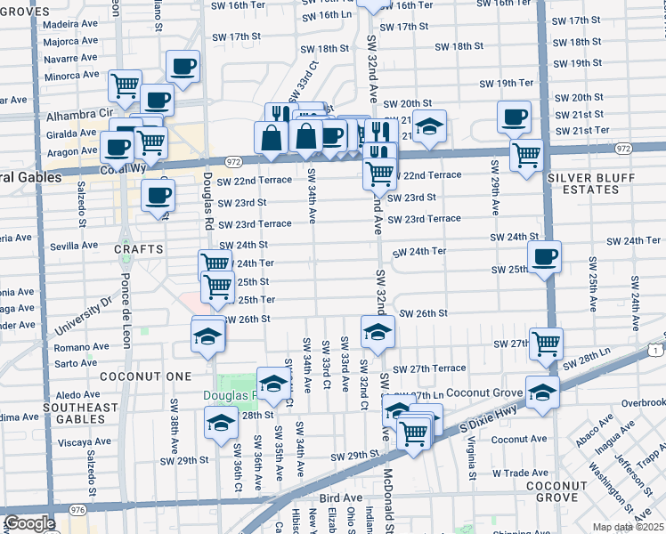 map of restaurants, bars, coffee shops, grocery stores, and more near 3334 Southwest 24th Street in Miami