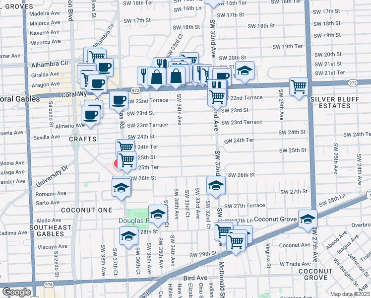 map of restaurants, bars, coffee shops, grocery stores, and more near 3334 Southwest 24th Street in Miami