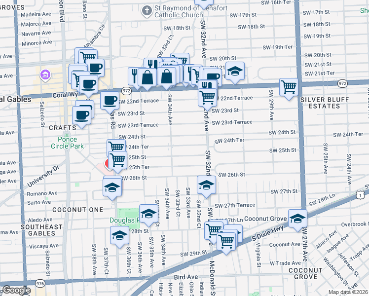 map of restaurants, bars, coffee shops, grocery stores, and more near 3334 Southwest 24th Street in Miami