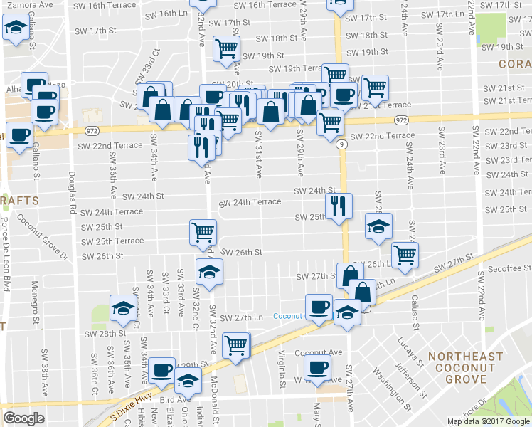 map of restaurants, bars, coffee shops, grocery stores, and more near 3020 Southwest 24th Terrace in Miami