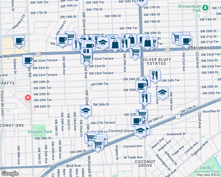 map of restaurants, bars, coffee shops, grocery stores, and more near 3020 Southwest 24th Terrace in Miami