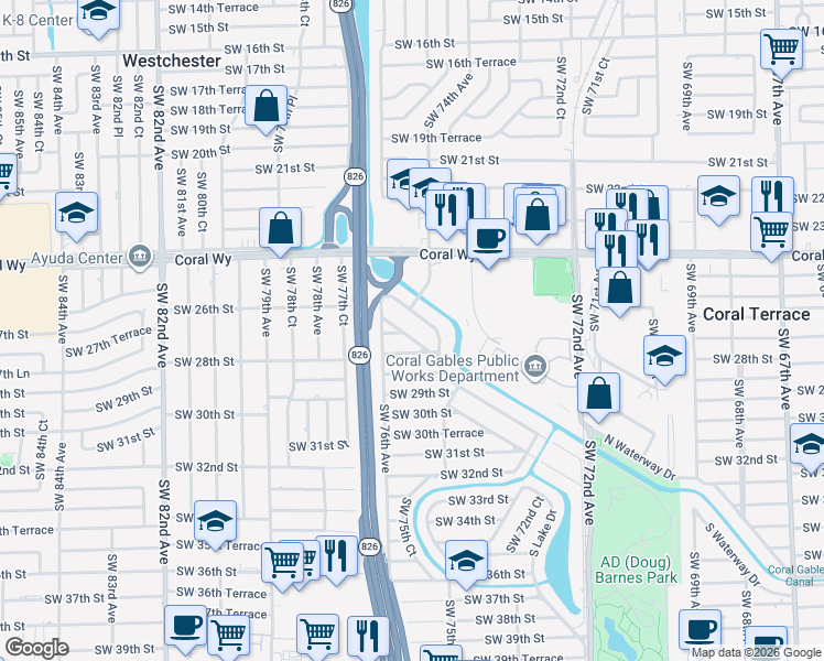 map of restaurants, bars, coffee shops, grocery stores, and more near 7495 South Waterway Drive in Miami