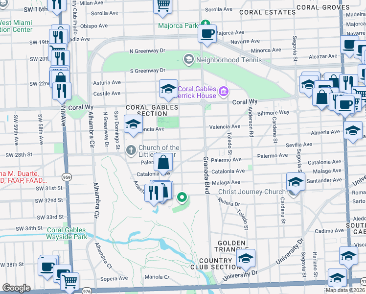 map of restaurants, bars, coffee shops, grocery stores, and more near 1046 Almeria Avenue in Coral Gables
