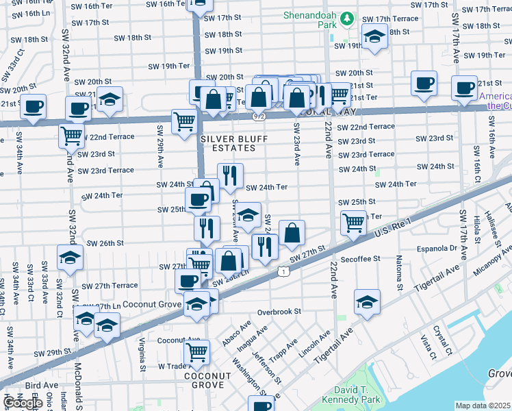 map of restaurants, bars, coffee shops, grocery stores, and more near 2446 Southwest 24th Terrace in Miami